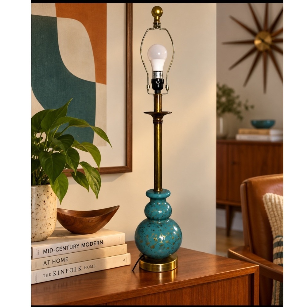 Vintage Mid Century Turquoise Gold Splatter Ceramic Table Lamp Triple Gourd